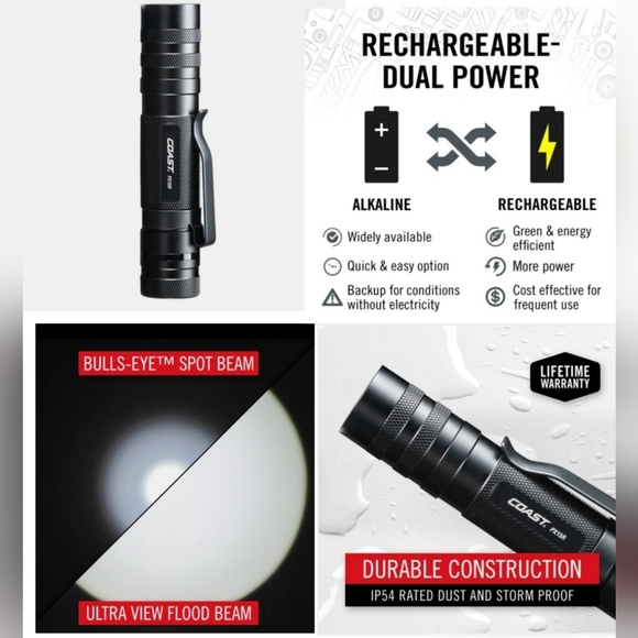 RECHARGEABLE - COAST PX15R  DUAL POWER, 1000 LUMENS 160M BEAM 11H - Picture 3 of 13